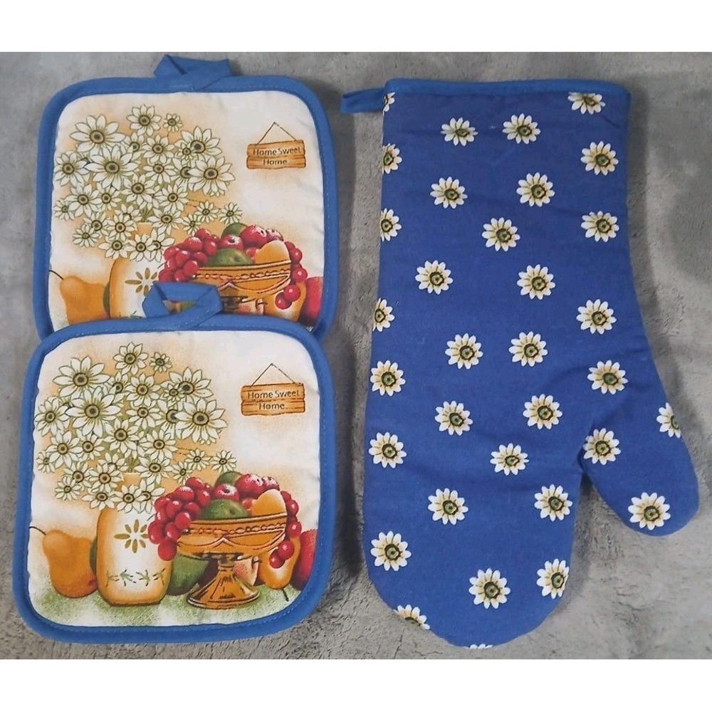 Quilted Oven Mitt‎ 2 Pot Holders Flowers Fruit Home Sweet Home Cottage Farmhouse